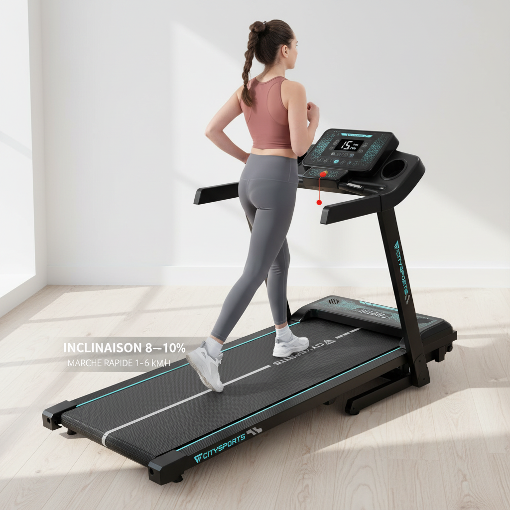 Inclinaison 8–10% et marche rapide 1–6 km/h